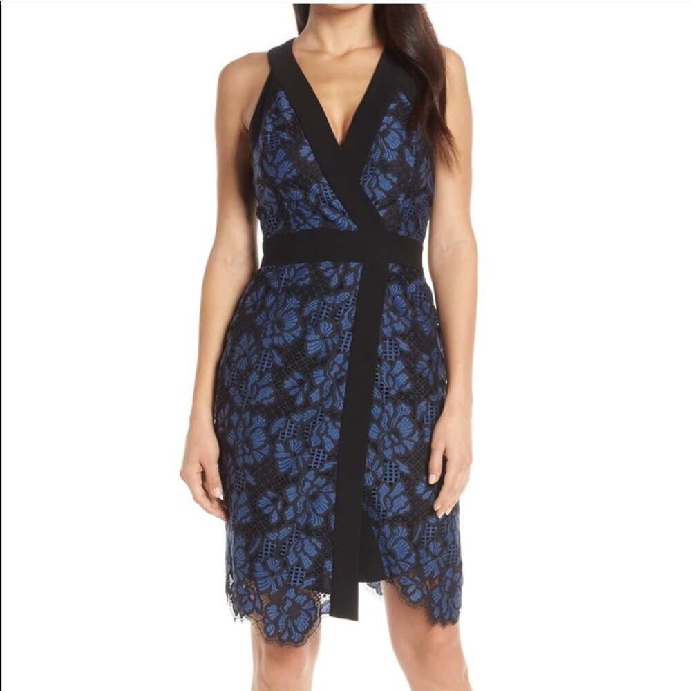 Harlyn Lace Dress Black and Blue Lace Cocktail Wrap Sleeveless Size Small $188